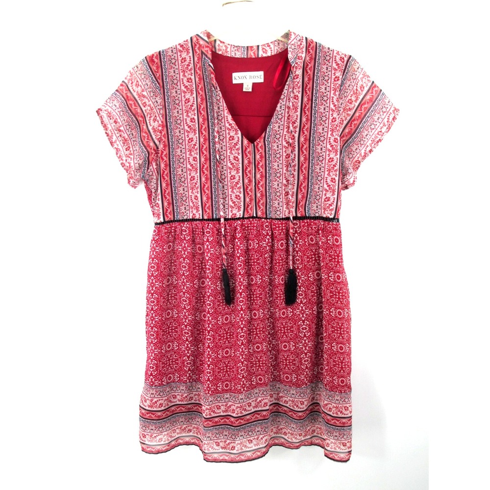 KNOX ROSE Red Bohemian Mosaic Midi Shift Dress Womens Small V-Neck Lined Tassel